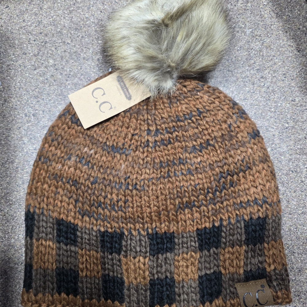 C.C Tan and Black Knit Beanie with Pom